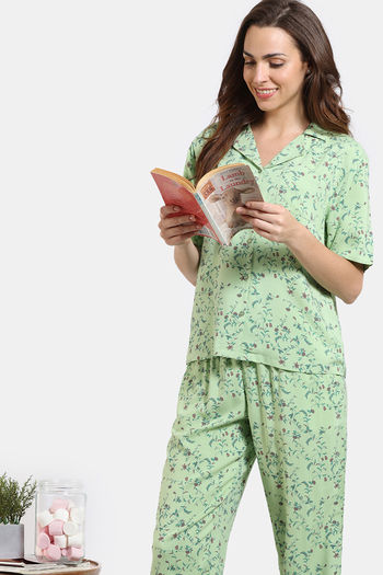 Zivame Floral Vines Woven Pyjama Set - Arcadian Green