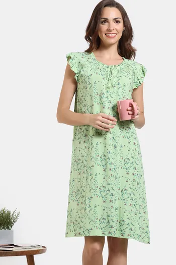 Zivame Floral Vines Woven Knee Length Nightdress - Arcadian Green
