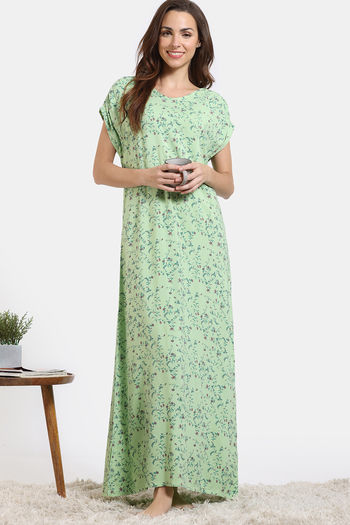 Zivame Floral Vines Woven Full Length Nightdress - Arcadian Green