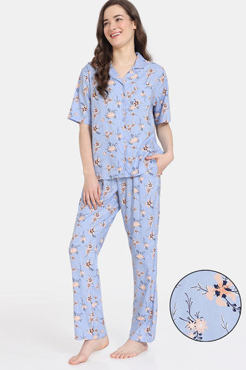 Zivame Pretty Florals Woven Pyjama Set - Cashmere Blue