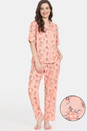 Zivame Pretty Florals Woven Pyjama Set - Peach Parfait