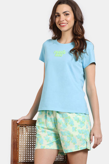 Zivame Aquarelle Woven Loungewear Shorts Set - Lime Cream
