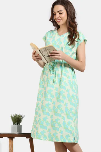 Zivame Aquarelle Woven Loungewear Mid Length Nightdress - Lime Cream