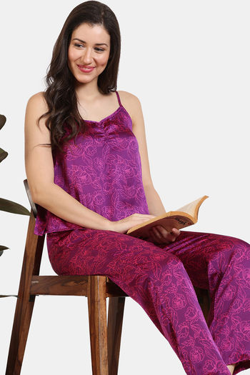 Zivame Primrose Woven Pyjama Set - Dark Purple