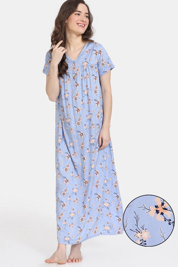 Zivame Pretty Florals Woven Full Length Nightdress - Cashmere Blue