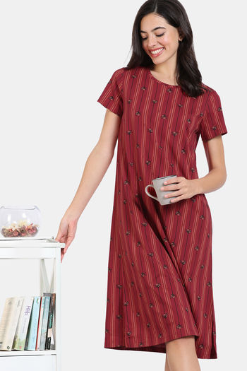 Zivame Buzzers Knit Cotton Knee Length Nightdress - Karanda Red