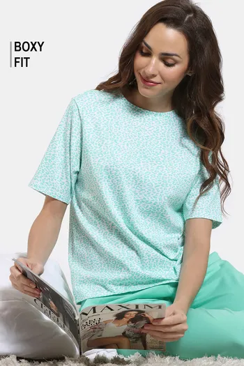 Zivame Hide N Seek Knit Cotton Pyjama Set - Ice Green