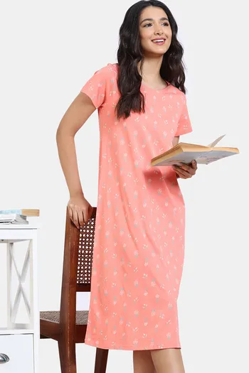 Zivame Scribbled Meadows Knit Cotton Mid Length Nightdress - Desert Flower