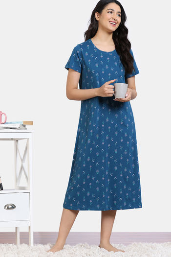 Zivame Scribbled Meadows Knit Cotton Mid Length Nightdress - Lyons Blue