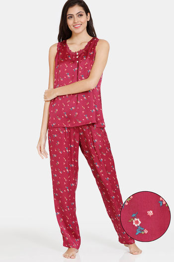 Zivame Bouquet Toss Woven Pyjama Set - Red Plum