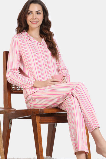 Zivame Stripes Play Knit Cotton Pyjama Set - Perfectly Pale
