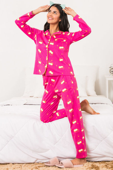 Zivame Lazy Days Knit Cotton Pyjama Set - Pink N Print — image 4
