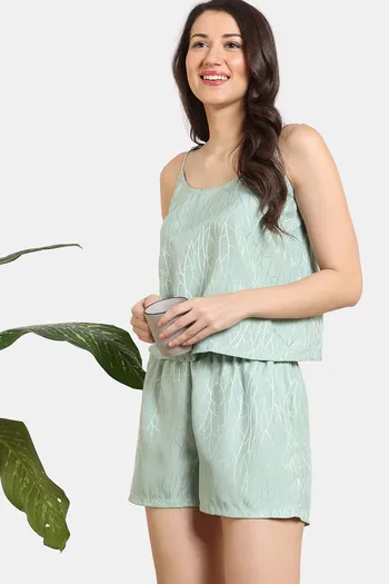Zivame Coral Glaze Woven Shorts Set - Granite Green