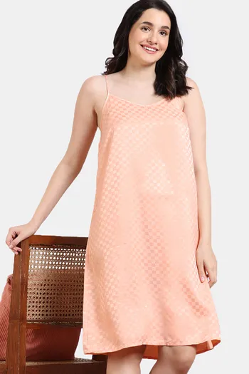 Zivame Checkered Sheen Woven Knee Length Nightdress - Pink Sand