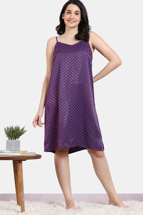 Zivame Checkered Sheen Woven Knee Length Nightdress - Wineberry — image 2
