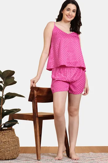 Zivame Checkered Sheen Woven Shorts Set - Pink Yarrow
