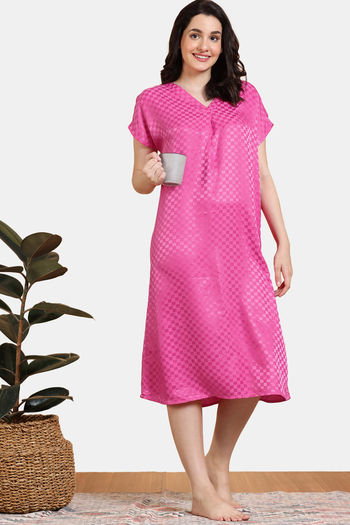 Zivame Checkered Sheen Woven Mid Length Nightdress - Pink Yarrow