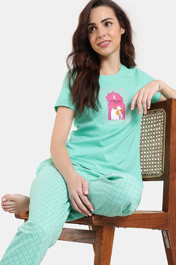 Zivame Desi Drama Knit Cotton Pyjama Set - Florida Keys