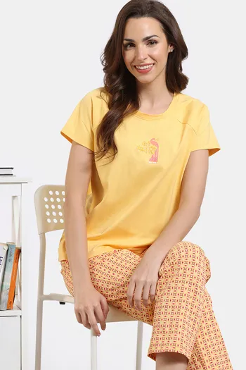 Zivame Desi Drama Knit Cotton Pyjama Set - Buff Yellow