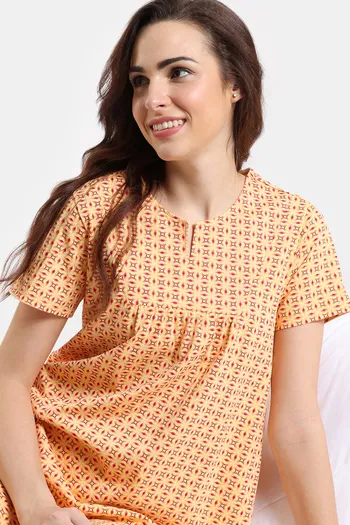 Zivame Desi Drama Knit Cotton Full Length Nightdress - Buff Yellow