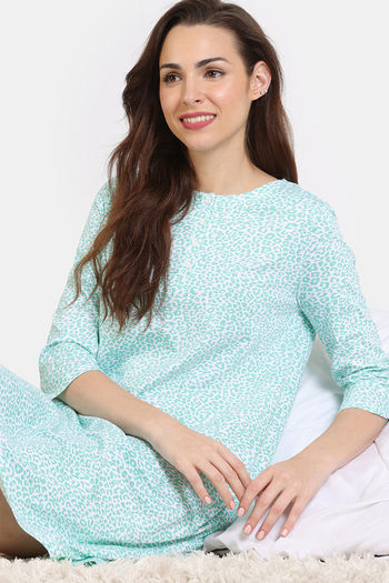Zivame Hide N Seek Knit Cotton Knee Length Nightdress - Ice Green