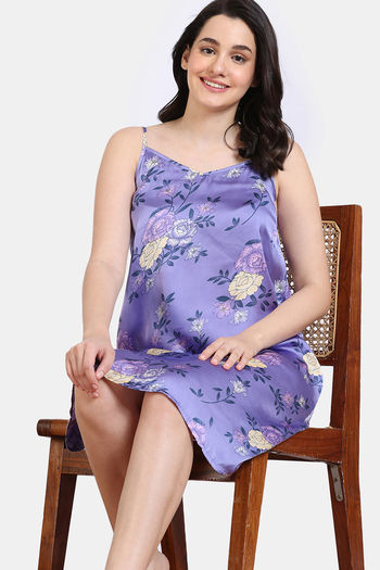 Zivame Paradise Garden Woven Knee Length Nightdress - Twilight Purple
