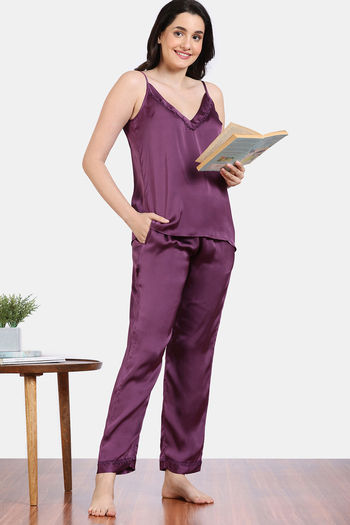 Zivame Paradise Garden Woven Pyjama Set - Dark Purple