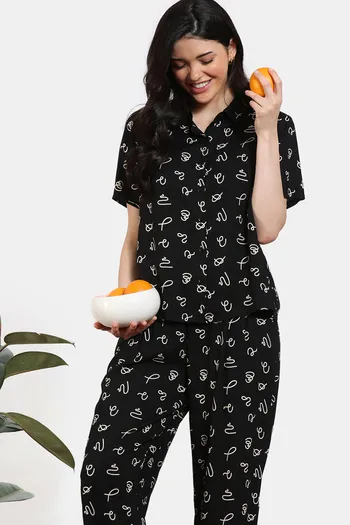 Zivame Midnight Mystic Woven Pyjama Set - Jet Black