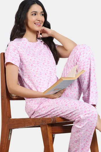 Zivame Basics Knit Cotton Pyjama Set - Cream Pink
