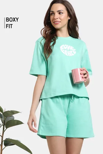 Zivame Hide N Seek Knit Cotton Shorts Set - Ice Green
