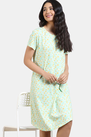 Zivame Basics Knit Cotton Knee Length Nightdress - Glass Green