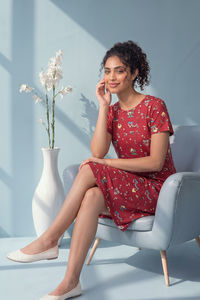 Zivame Smurf Collection Knit Poly Knee Length Nightdress With In Built Slip On Bra - Salsa — thumbnail 1