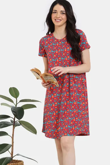 Zivame Shells Puzzle Knit Poly Knee Length Nightdress - Tomato Puree