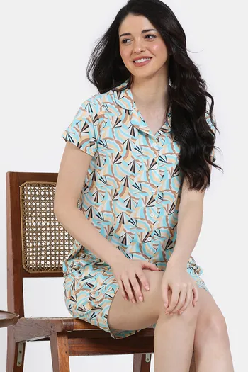 Zivame Shells Puzzle Knit Cotton Shorts Set - Vaporous Gray