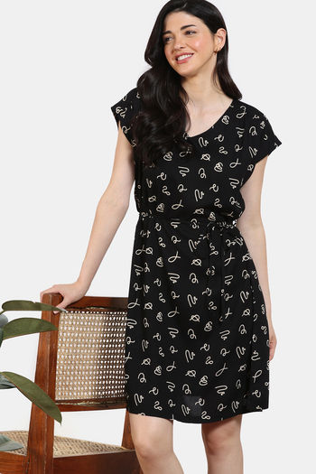 Zivame 2 Mile Fashion Woven Knee Length Nightdress - Jet Black