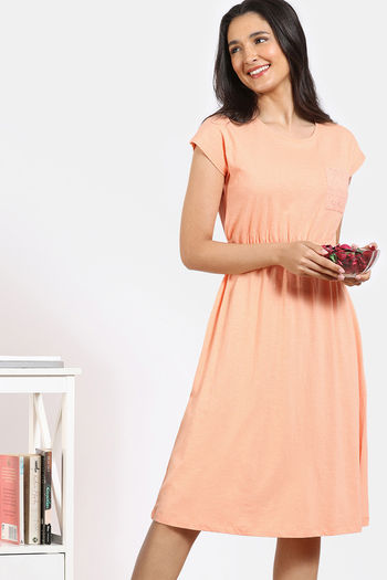 Zivame 2 Mile Fashion Knit Cotton Mid Length Nightdress - Apricot Ice