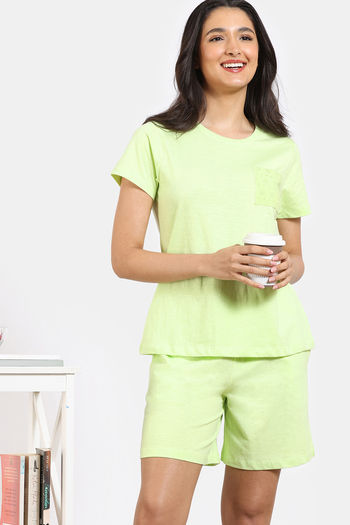 Zivame 2 Mile Fashion Knit Cotton Shorts Set - Shadow Lime