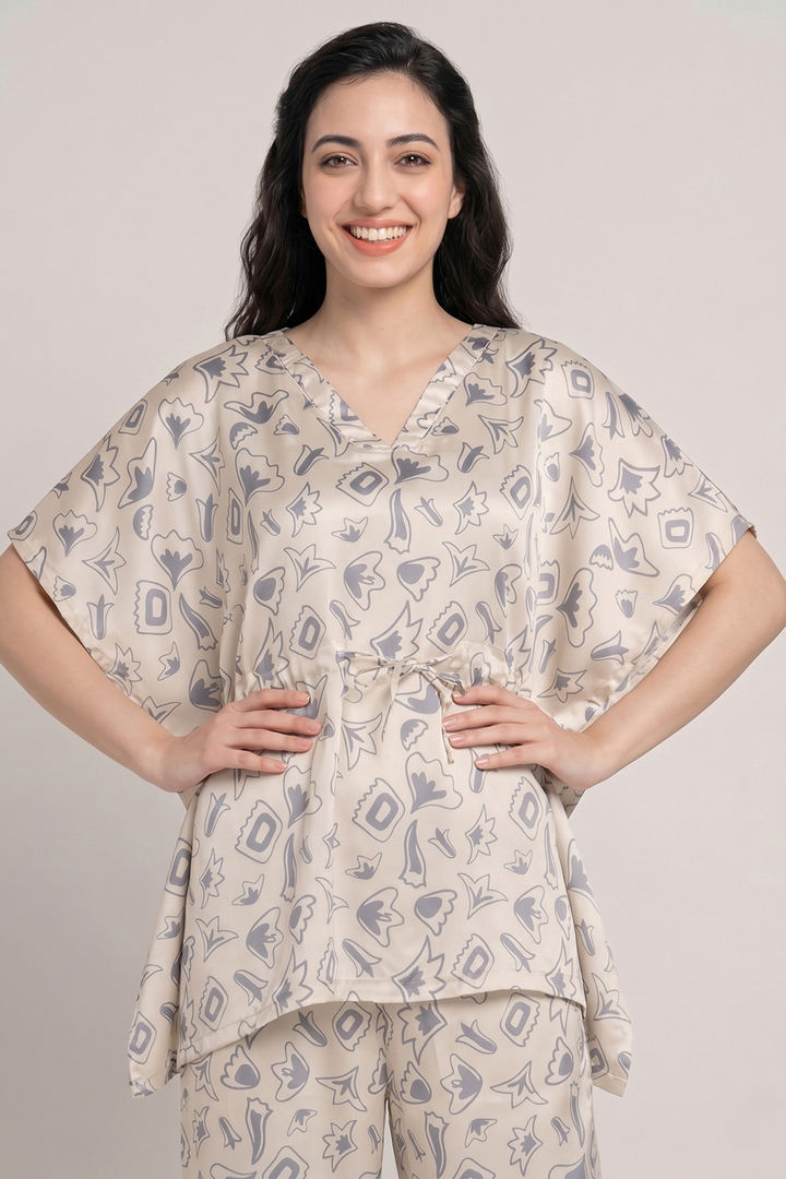 Zivame Satin Kaftan Loungewear Set - Parchment — image 4