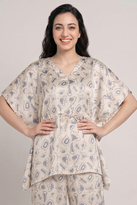 Zivame Satin Kaftan Loungewear Set - Parchment — image 4