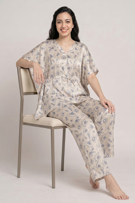 Zivame Satin Kaftan Loungewear Set - Parchment — image 5