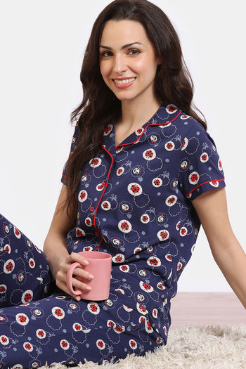Zivame Nostalgic Knit Cotton Pyjama Set - Patriot Blue