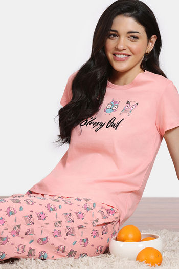 Zivame Joyful Jingles Knit Cotton Pyjama Set - candlelight Peach