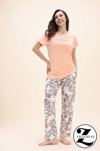 Zivame Floral Hush Knit Cotton Pyjama Set - Cloud Cream