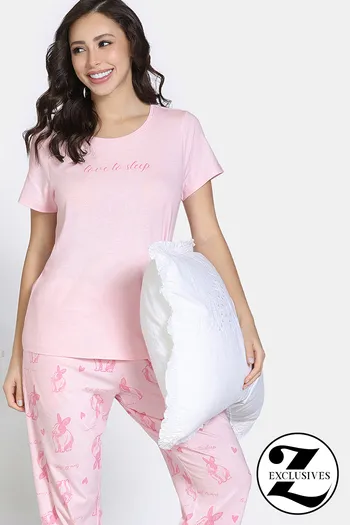 Zivame Floral Hush Knit Cotton Pyjama Set - Fairy tale