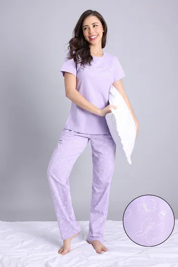 Zivame Floral Hush Knit Cotton Pyjama Set - Lavender Fog