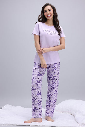Zivame Floral Hush Knit Cotton Pyjama Set - Pastel Lavender