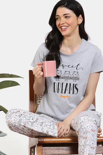 Zivame Joyful Jingles Knit Cotton Pyjama Set - Snow white