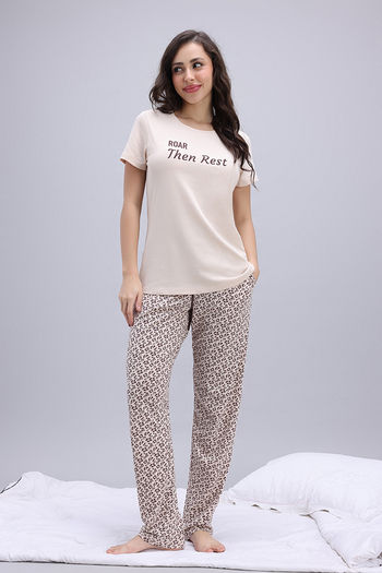 Zivame Floral Hush Knit Cotton Pyjama Set - White Fawn