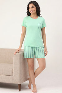 Zivame Thin Stripes Knit Cotton Short Set - Cabbage — thumbnail 1