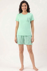 Zivame Thin Stripes Knit Cotton Short Set - Cabbage — thumbnail 2